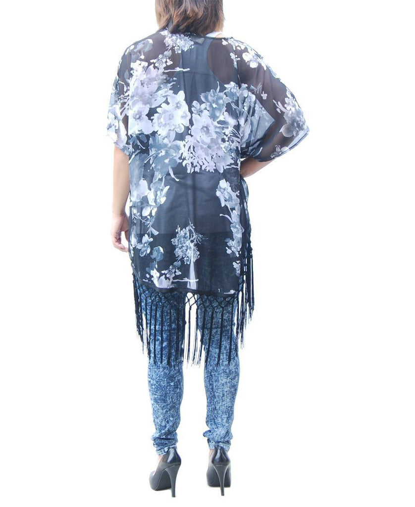Cardigan Kimono Floral White Black Blossom