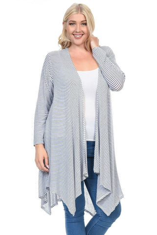 Plus Size Open Drape Flyaway Long Cardigan White Blue