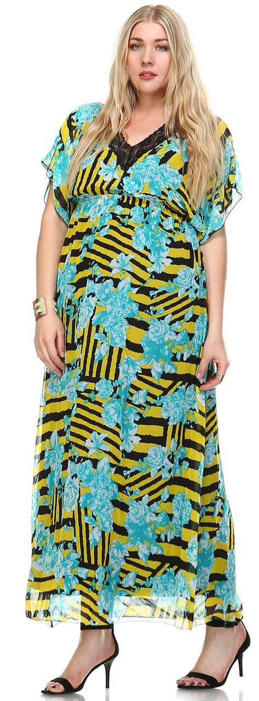 Plus Size Sleeveless Maxi Dress Ruffle Skirt Checkered Yellow Blue