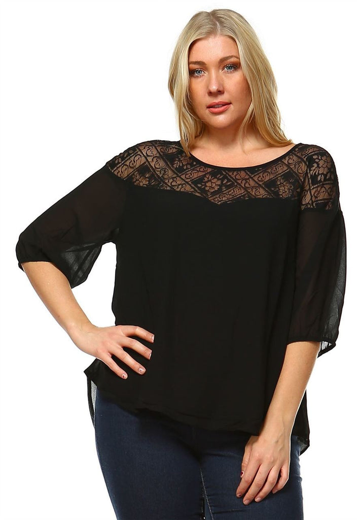 Plus Size Lace Shirt Long Sleeves Floral Square Black