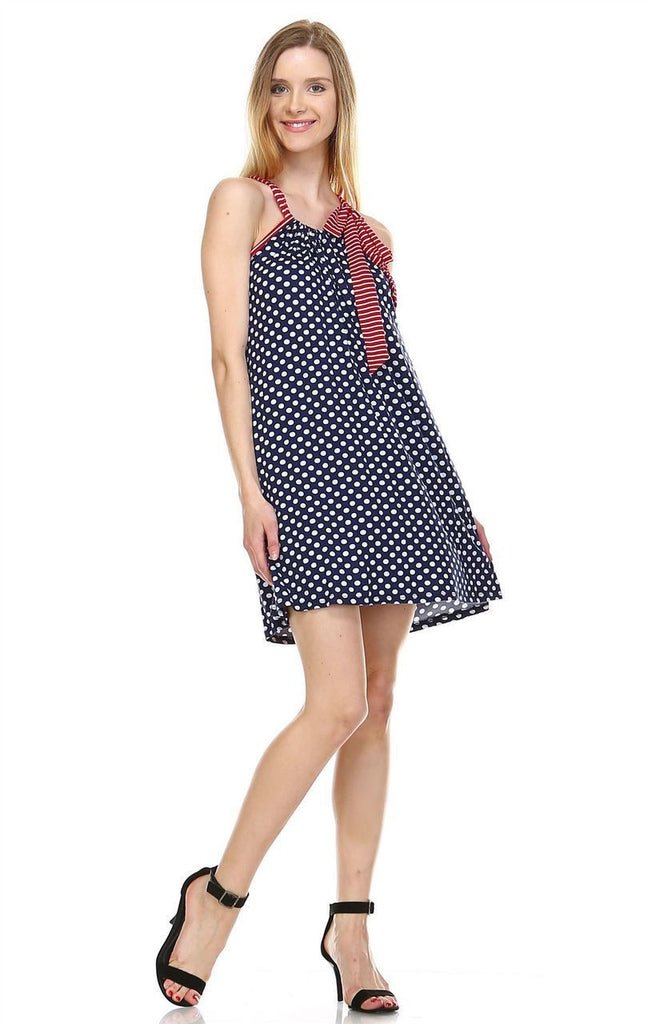 Navy Polka Dot Tunic Dress with Red Stripe Shoulder Bow