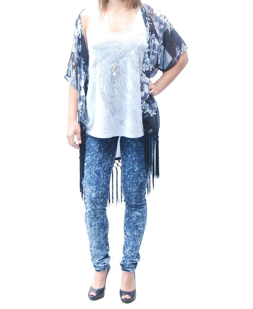 Cardigan Kimono Floral White Black Blossom