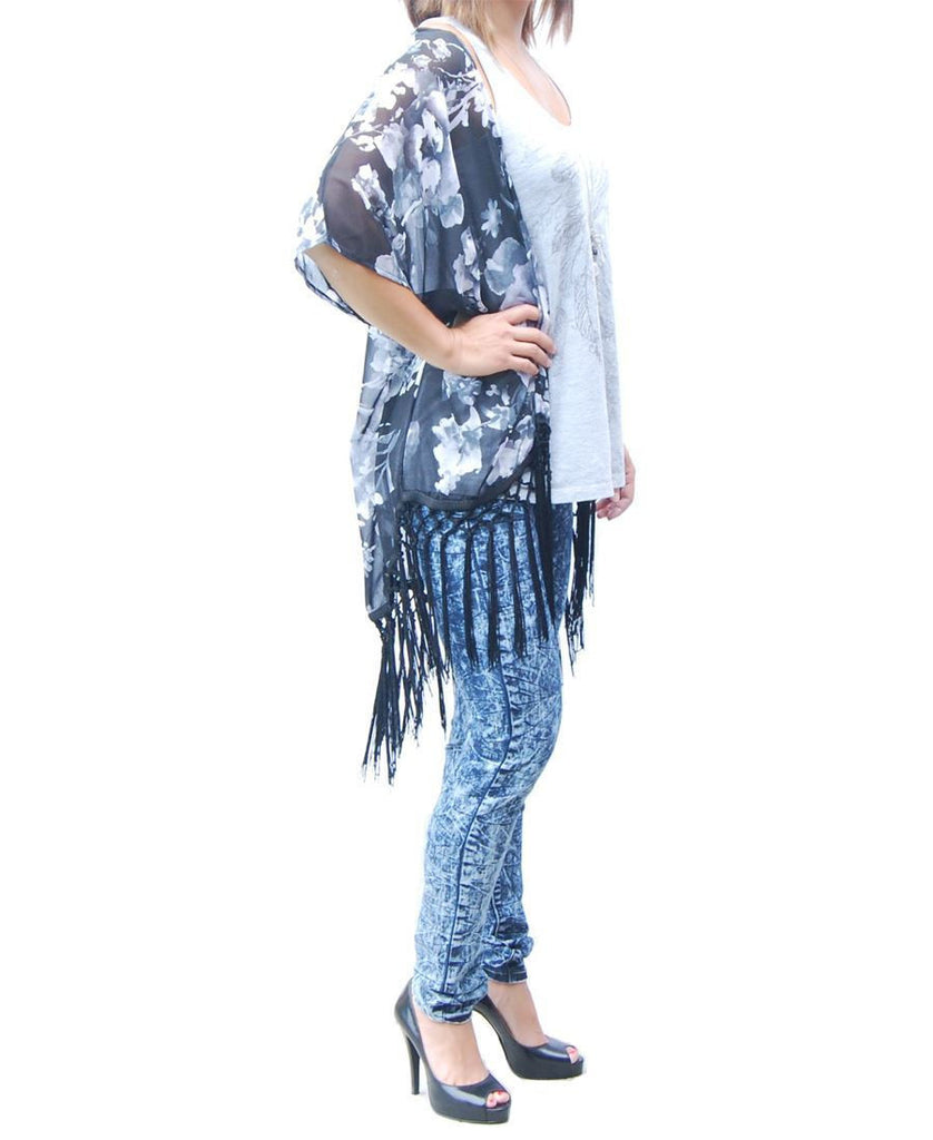 Cardigan Kimono Floral White Black Blossom
