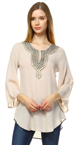 Embroidered Shirt with Long Sleeves with Button Accents Sand