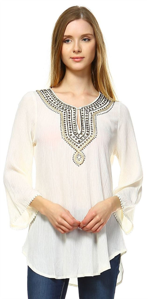 Embroidered Shirt with Long Sleeves with Button Accents Cream
