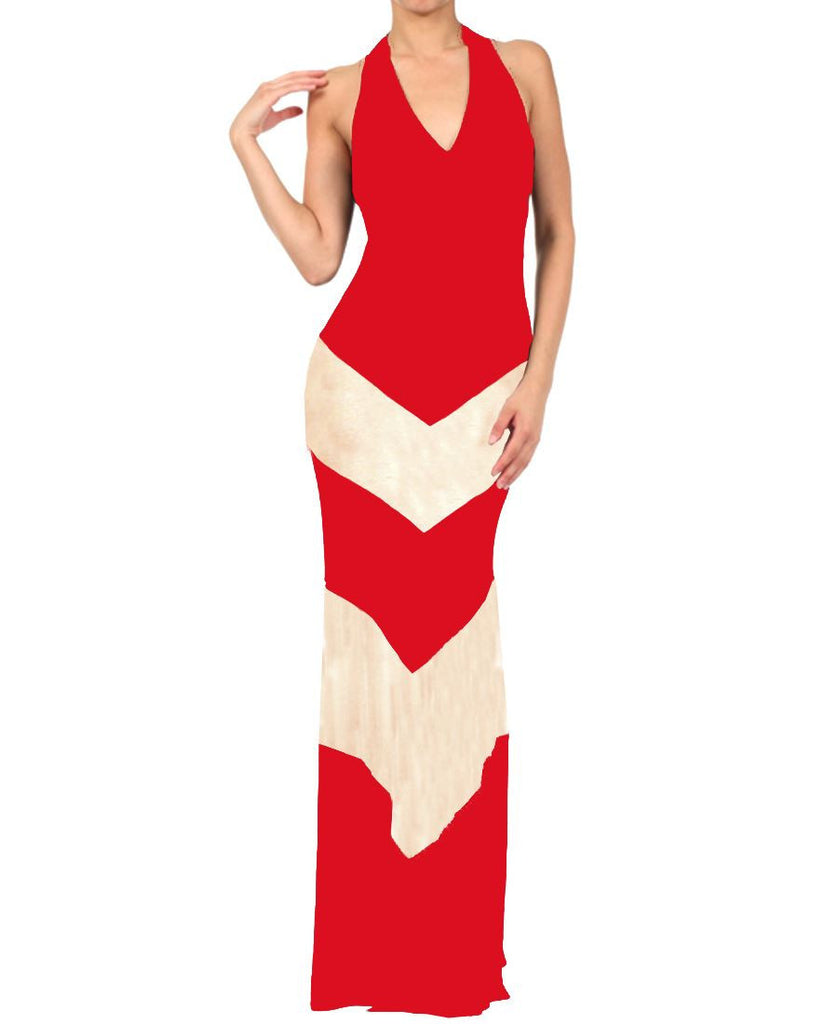 Halter Top Maxi Dress Chevron Red Taupe