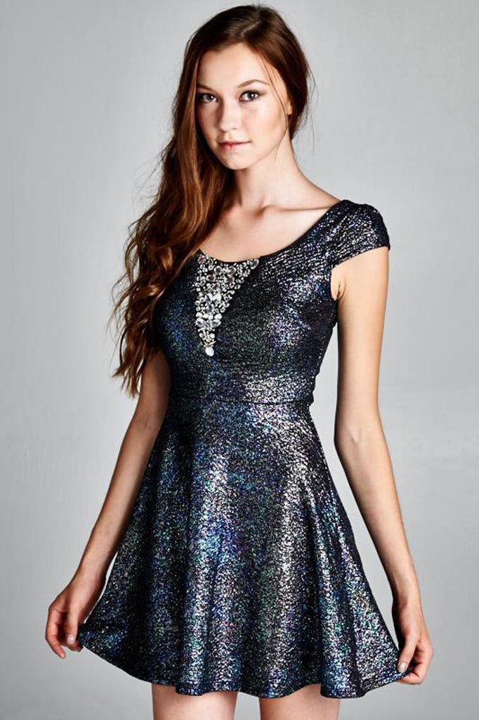 Glitter Party Skater Dress Rhinestone Neckline Blue