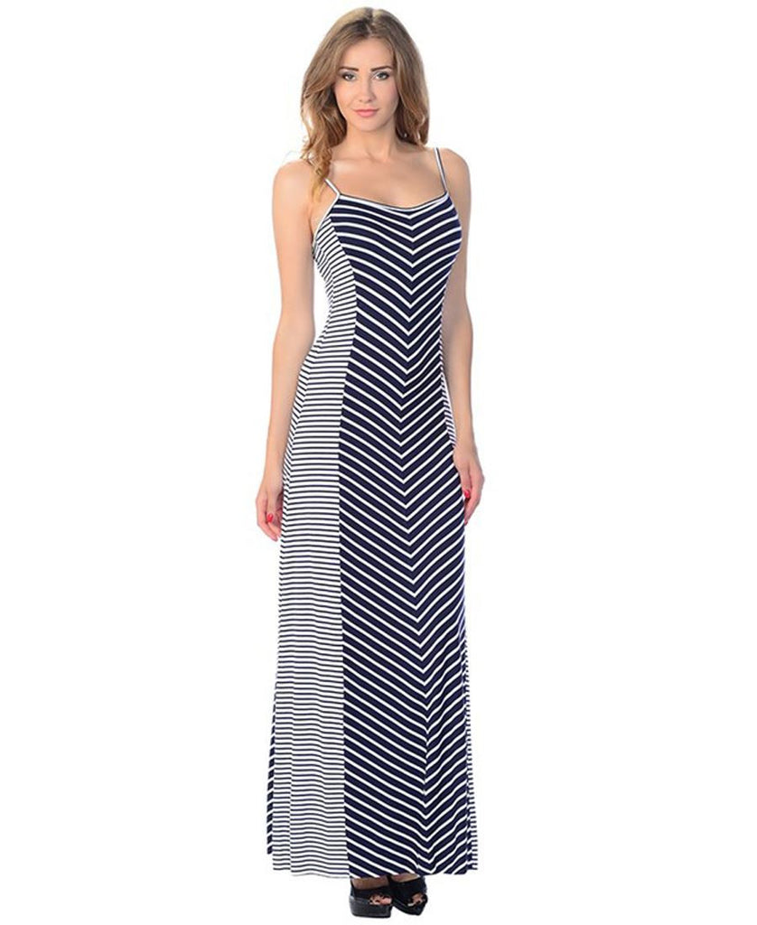 Maxi Dress Sleeveless Striped Navy Chevron