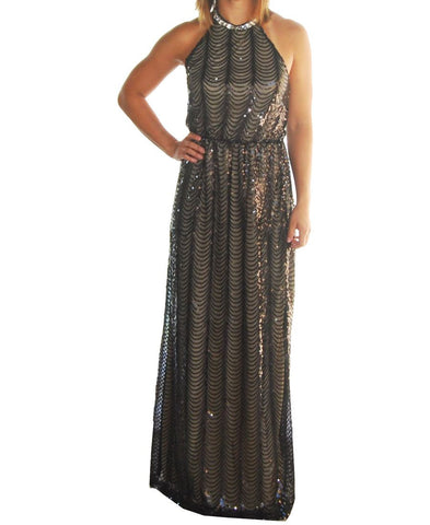 Sexy Black Nude Sleeveless Sequin Halter Top Party Gown Maxi Dress