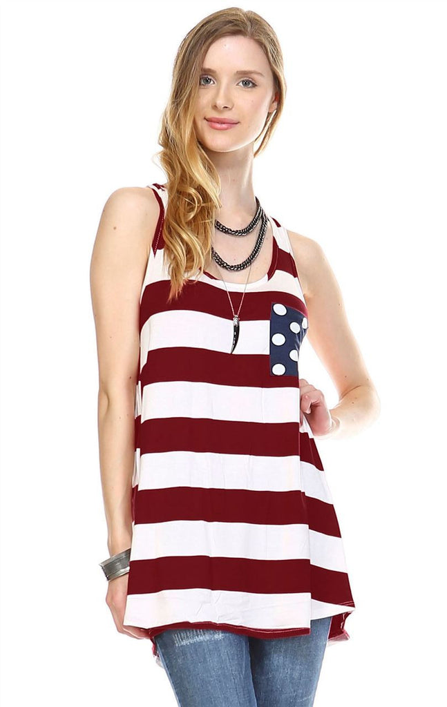 Wine White Striped Chest Pocket Bow Back Tank Top
