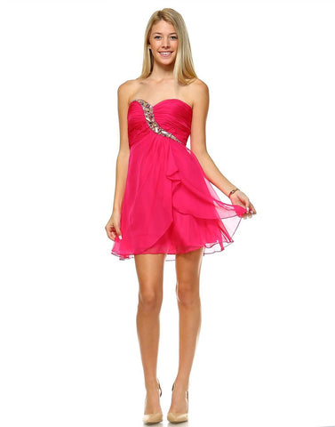 Strapless Jewel Chest Dress with Drape Skirt Fuchsia