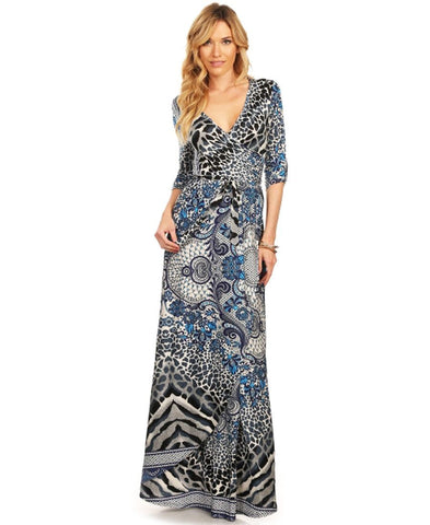 Maxi Dress with Sleeves Paisley Leopard Blue