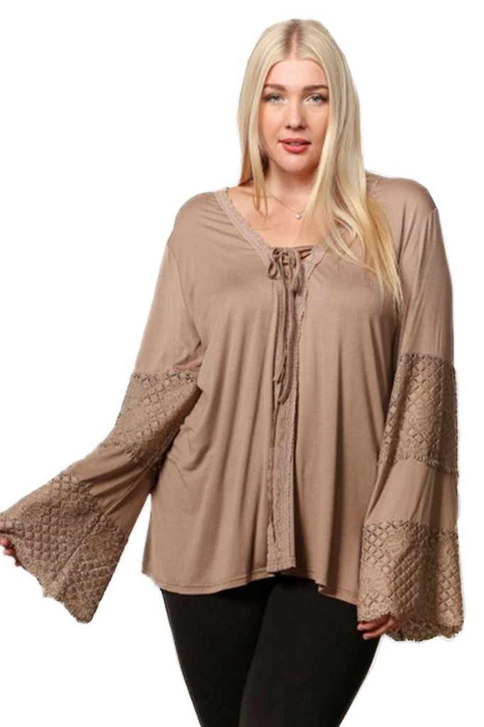 Plus Size Lace Shirt with Long Bell Sleeves Mocha