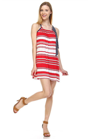 Red Stripe 3 Tunic Dress with Navy Polka Dot Shoulder Bow