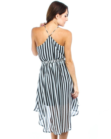 Sleeveless Highlow Striped Midi Dress with Belt Black White