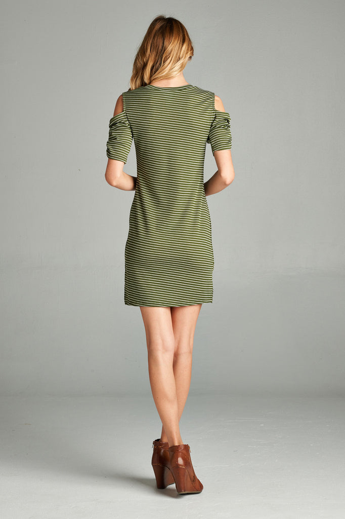 Open Shoulder Ribbed Dress with V Neck Striped Olive