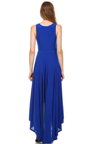 Lycra Sleeveless V-Neck Plunge Belt Hi Low Wrap Dress Blue