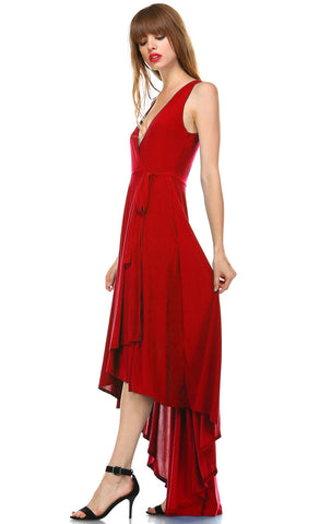 Lycra Sleeveless V-Neck Plunge Belt Hi Low Wrap Dress Red