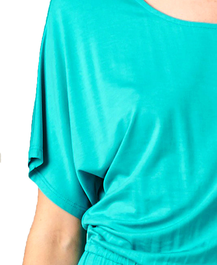 Short Sleeve Dolman Boyfriend Maxi Dress with Elastic Waist Drawstring Aqua