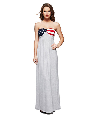 Strapless Elegant American Flag Bust Stars and Stripes Maxi Dress Heather Gray