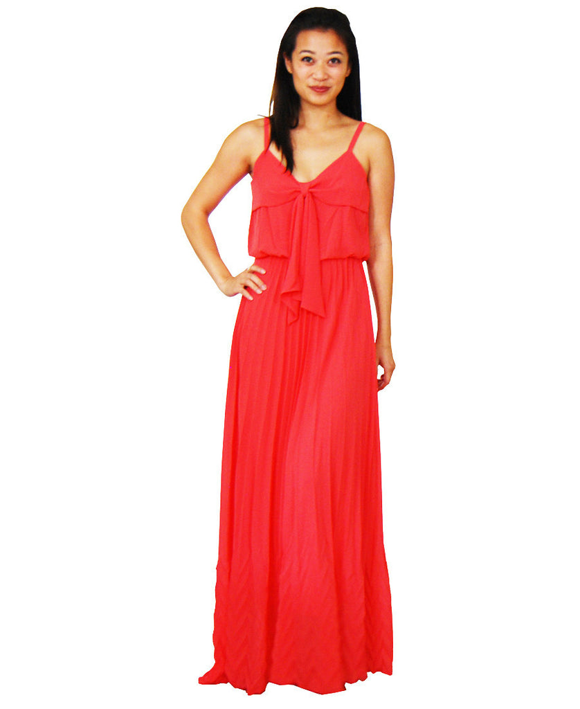 Bow Tie Chest Ruffle Maxi Dress Coral
