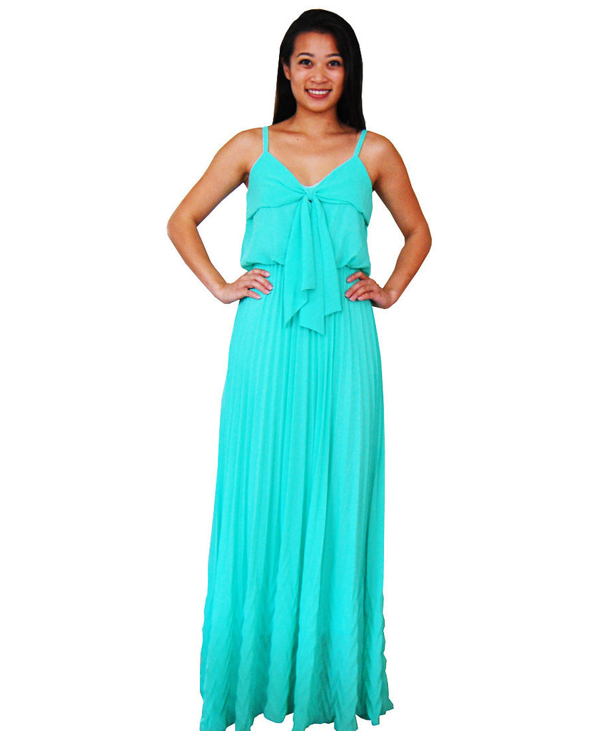 Bow Tie Chest Ruffle Maxi Dress Turquoise Teal