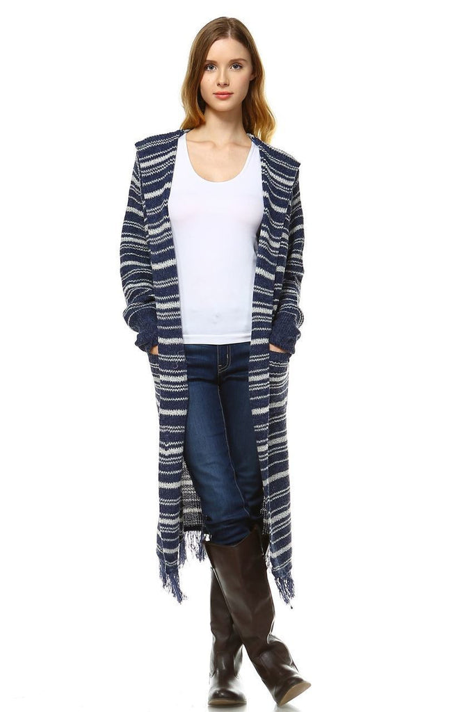 Long Cardigan Sweater Striped with Hoodie Hood Navy