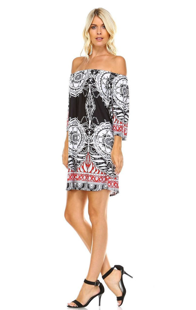 Off Shoulder Tunic Dress Black Red Tropical Paisley