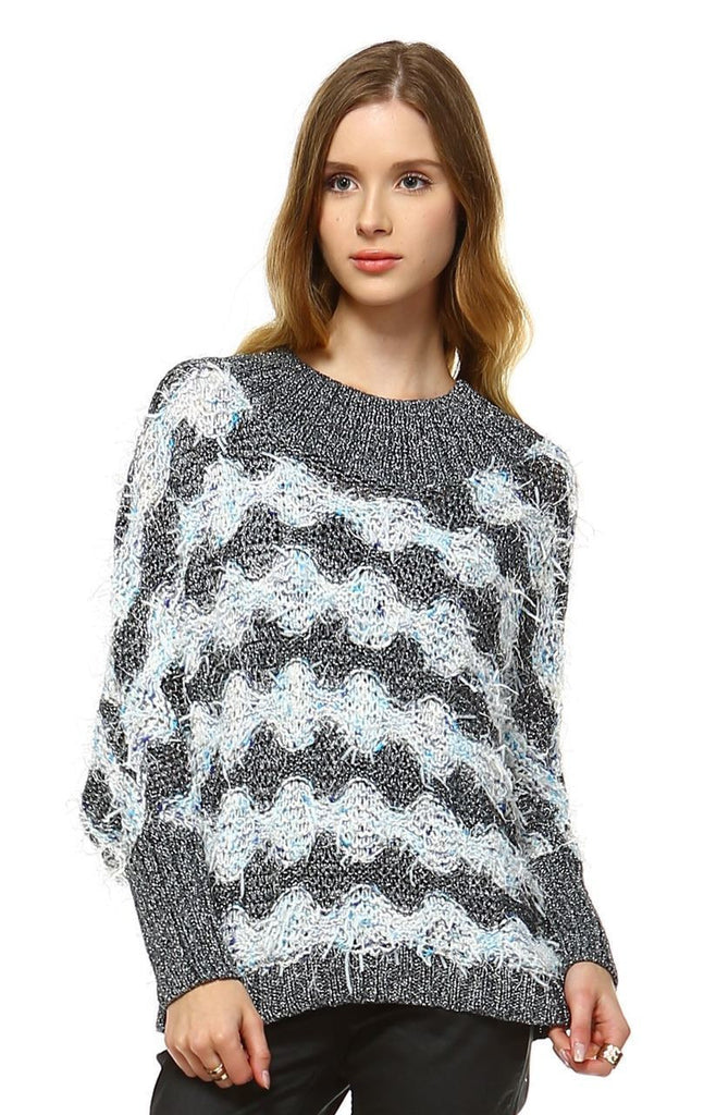 Fuzzy Sweater Doleman Sleeve Pullover Gray Blue