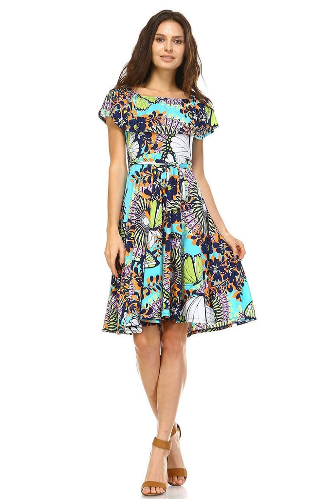 Off The Shoulder Knee Length Dress Butterfly Turquoise