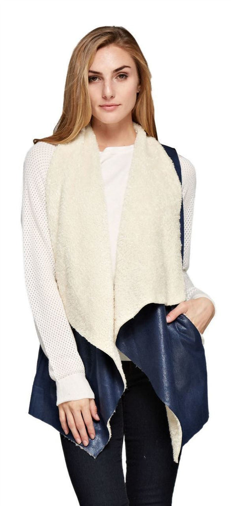 Shearling Faux Fur Vest with Suede and Pockets Navy