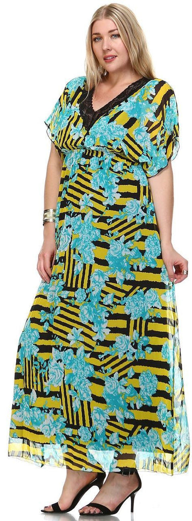 Plus Size Sleeveless Maxi Dress Ruffle Skirt Checkered Yellow Blue