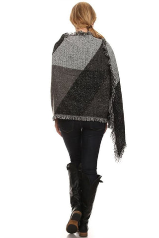 Black Gray Viscose Wool Blanket Cardigan Poncho One Size
