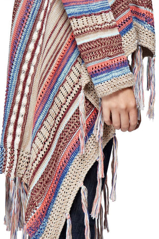 Open Front Oversized Fringe Cardigan with Multiple Stripe Tan Pink