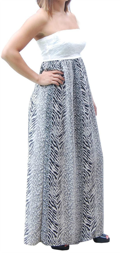 Black Gray Strapless Lace Mixed Zebra Leopard Animal Print Long Evening Maxi Dress