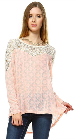 Long Sleeve Lace Top with Crochet Accents Baby Pink