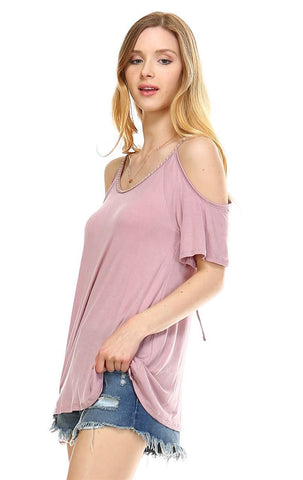 Off the Shoulder Tops with Back Tie and Neck Trimming Dusty Mauve