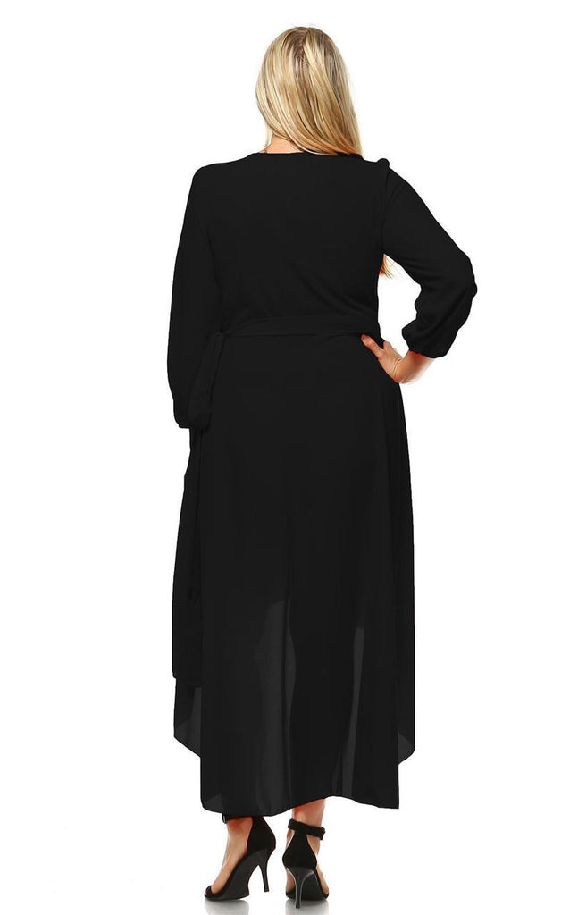 Plus Size Wrap Dress with Sleeve and Belt Black