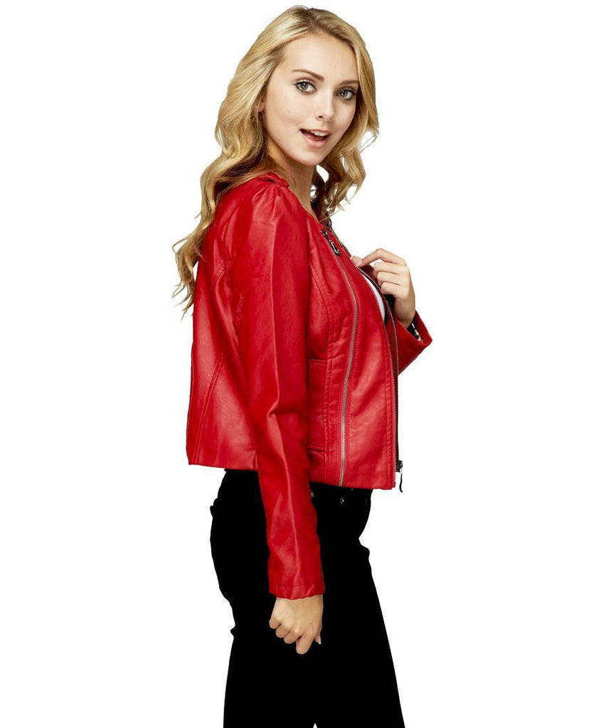Womens Stylish Red 3 Zipper Faux Leather Jacket