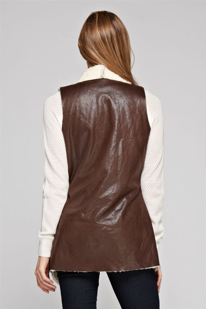 Shearling Faux Fur Vest with Suede and Pockets Brown