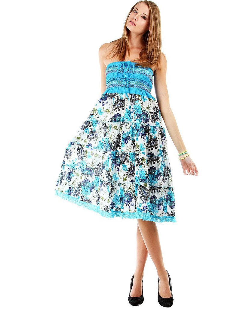 Blue Detailed Strapless Floral Paisley Boho Sun Dress