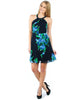 Blue Green Black Floral Halter Top Mini Dress with Side Openings