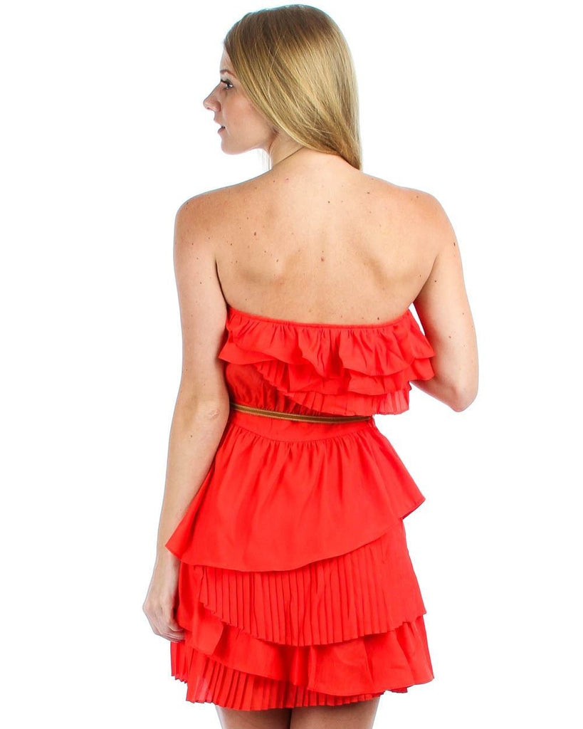 Strapless Mini Dress Ruffle Belt Orange Red