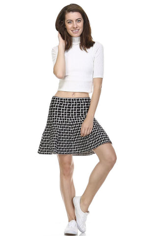 Pleated Skirt with High Waisted Skater Flare Checkered Black