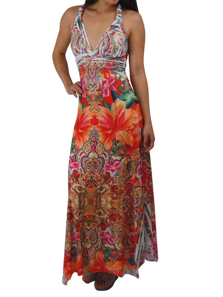 Premium Sleeveless Sublimation Maxi Dress Royal Flowers Orange