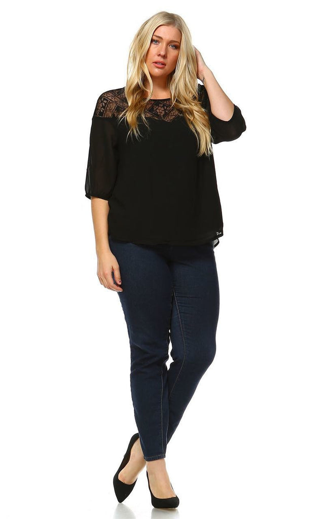 Plus Size Lace Shirt Long Sleeves Floral Square Black