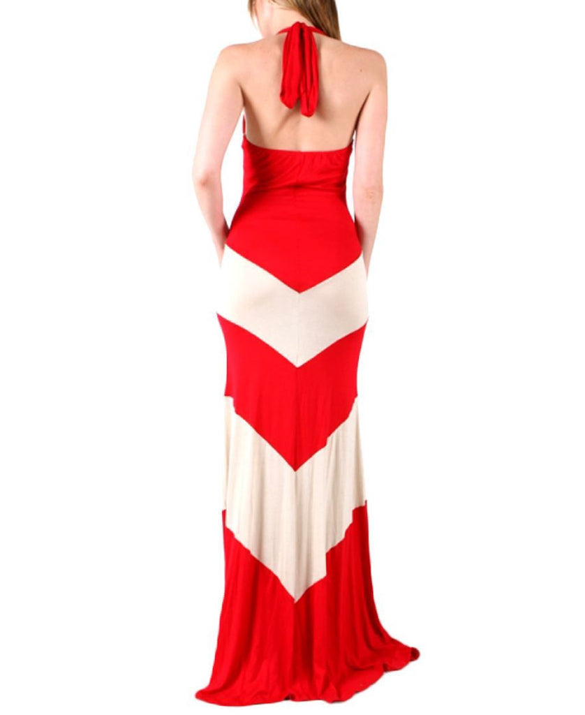 Halter Top Maxi Dress Chevron Red Taupe