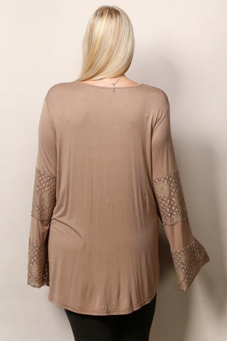 Plus Size Lace Shirt with Long Bell Sleeves Mocha