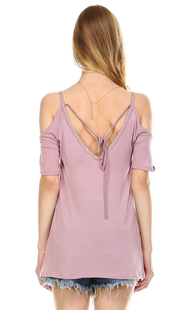 Off the Shoulder Tops with Back Tie and Neck Trimming Dusty Mauve