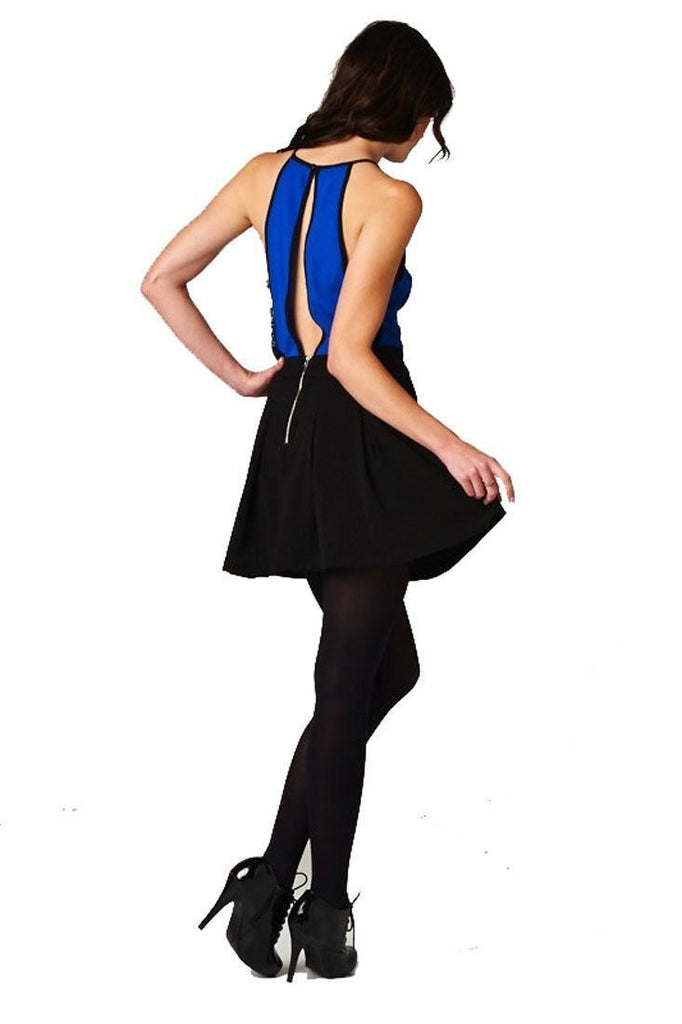 Sleeveless Lace Inset Black Blue Mini Dress